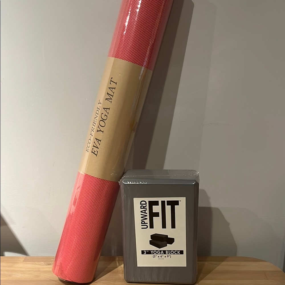 Pink Yoga Mat and Gray Yoga Block Set